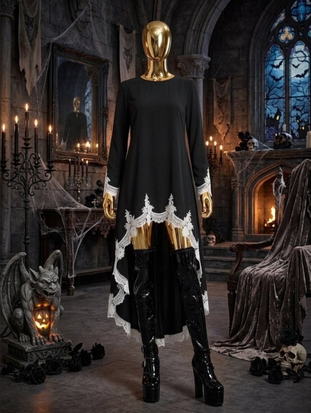 Gothic Black Lace-Trim High-Low Dress